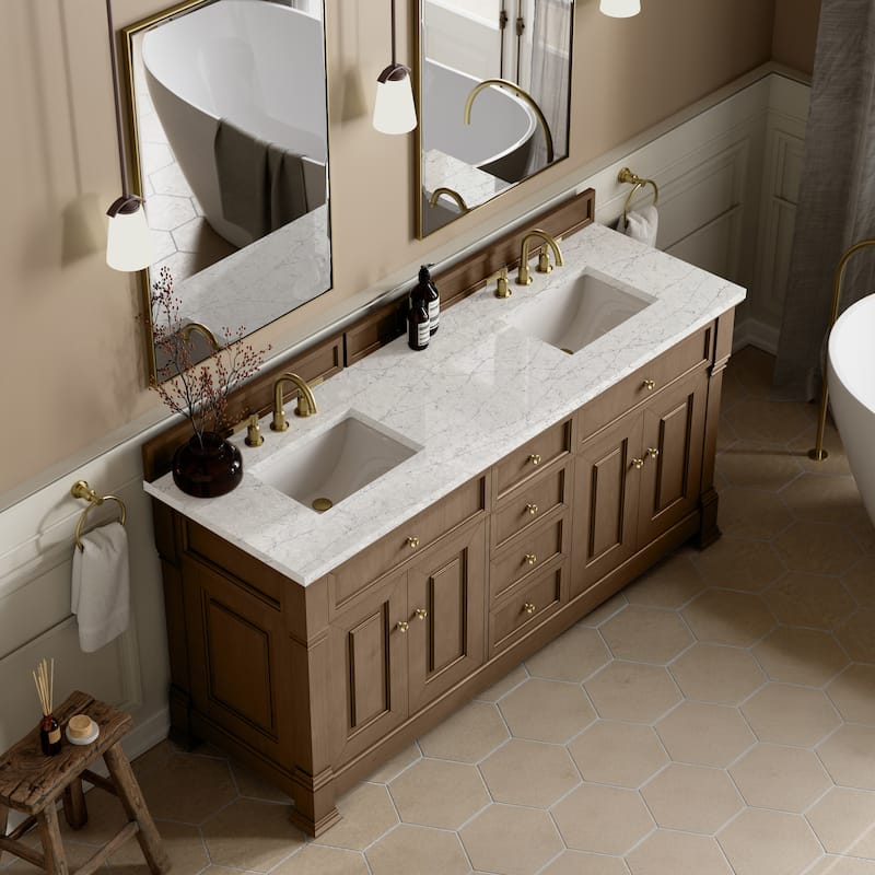 Brookfield 72" Double Vanity, Pecan - Eternal Jasmine Pearl