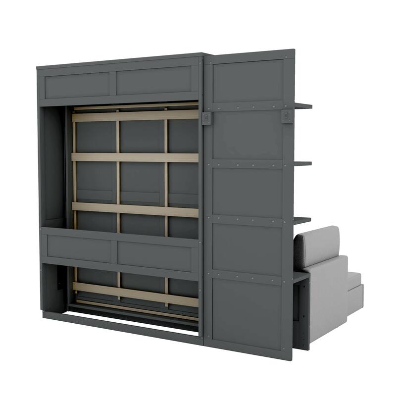 Hidden Wood Wall Cabinet Bed with Sofa, Queen Size Murphy Bed with Couch, Open Side Storage Shelves and Dual-Piston Lift