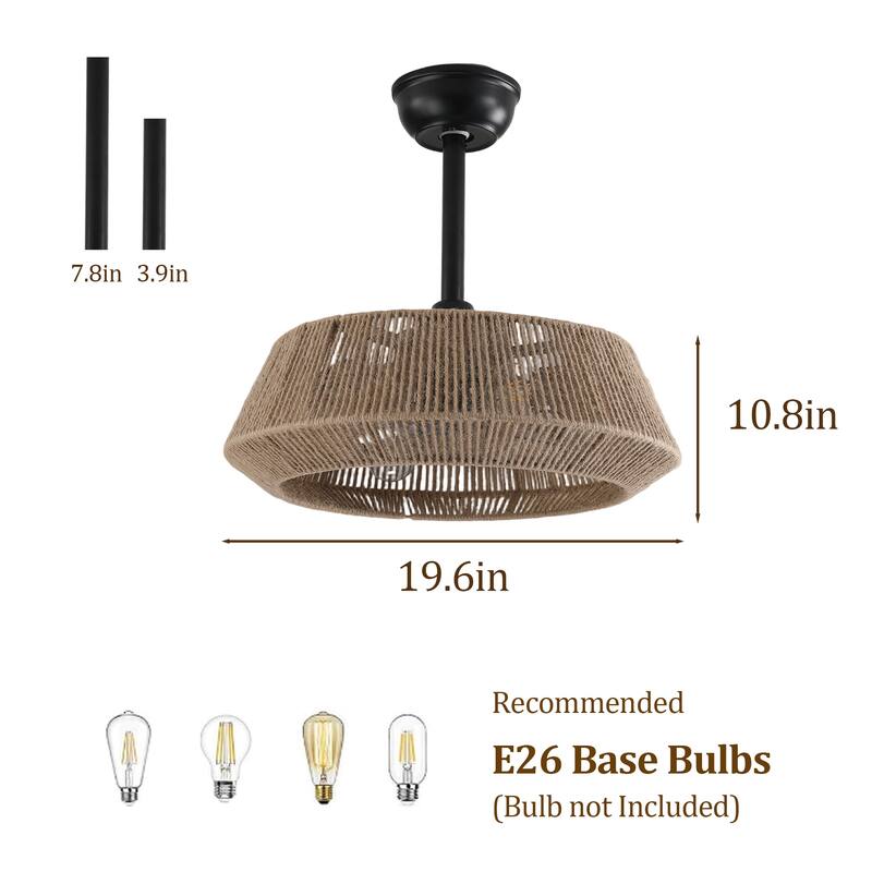 20" Boho Rope Black Caged Ceiling Fan with Dimmable Light and Remote