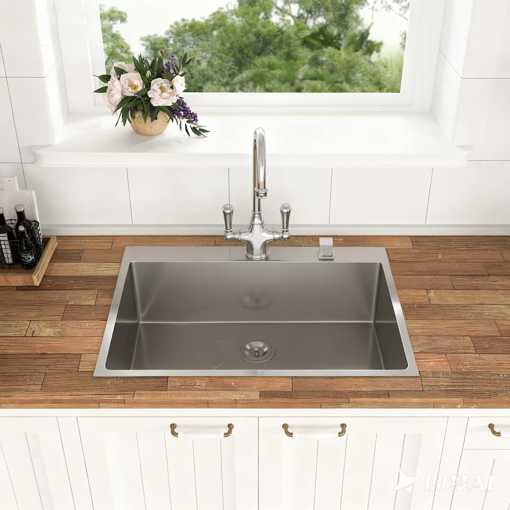 33" Drop-In 16 Gauge Single Bowl Stainless Steel Kitchen Sink in Brushed Nickel