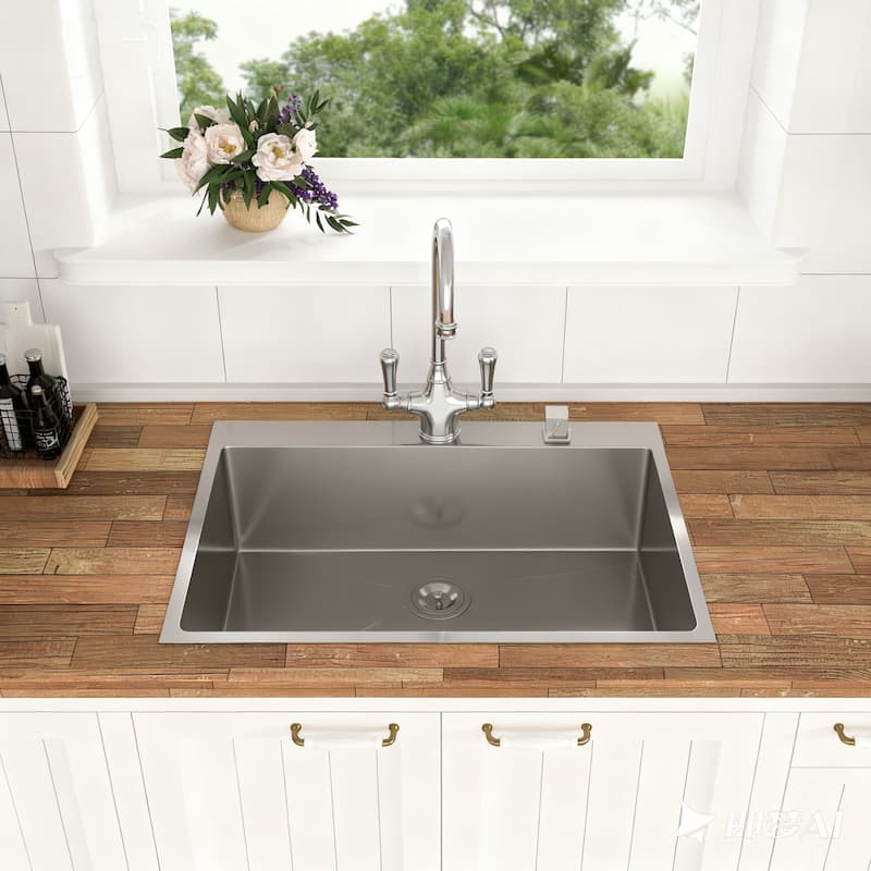 33" Drop-In 16 Gauge Single Bowl Stainless Steel Kitchen Sink in Brushed Nickel - 33'' x 22'' x 9''