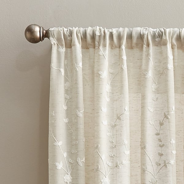 Lynette Floral Embroidered Rod Pocket Curtain Panel - Natural - 84 Inches