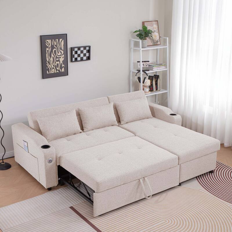 84" 3 in 1 Linen Sleeper with USB Ports and Cup Holders