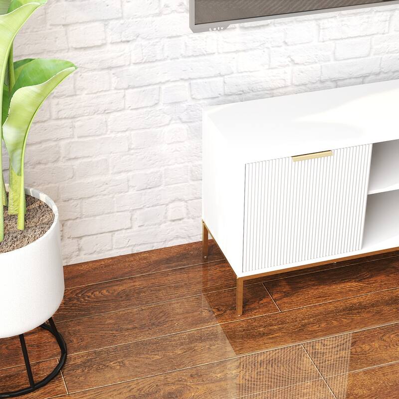 Modern Stylish TV Stand, Entertainment Center TV Stand with Solid Wood Frame and Rainbow Glass Door, for Living Room