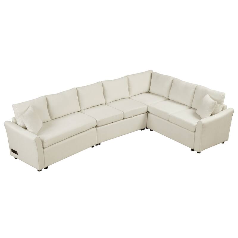 L-shaped Sofa Convertible Sofa Bed Pull Out Sofa Sleeper with Two Back Pillows, Two USB Ports and Two Power Sockets