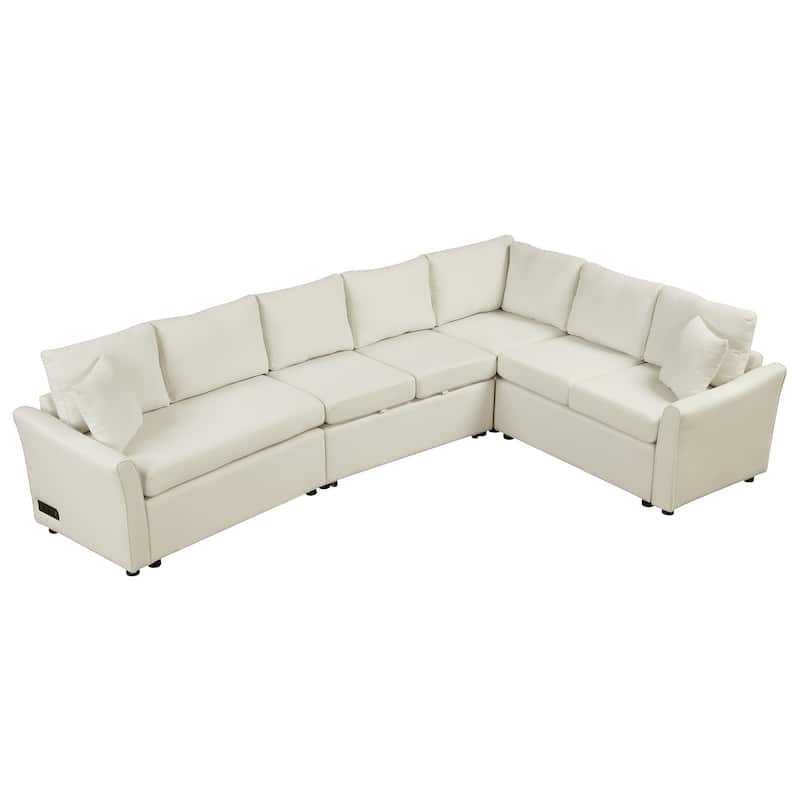 Modern 6-Seater L-Shaped Pull-Out Sofa Bed with USB Charging, Power Sockets, and Chenille Upholstery