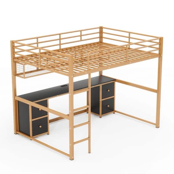 slide 2 of 26, Full Size Metal Loft Bed with Build-in Ladder,Desk Under-Bed with USB And Socket Gold+Black