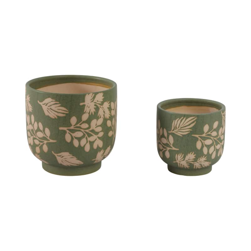 Stoneware Planters Botanical Detailing and Textured Design (Set of 2) - 8" x 8" x 8" - Green - 8" x 8" x 8"