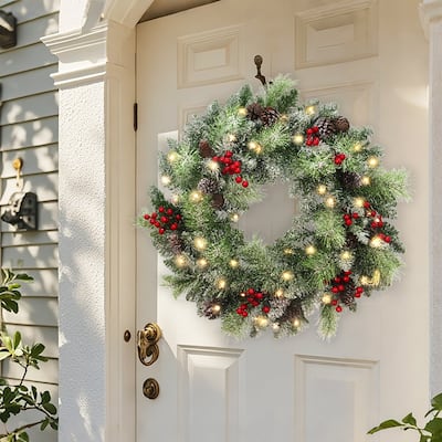 Maypex 24'' Lighted Faux Christmas Wreath - Green - 24.00" L x 24.00" W x 5.00" H