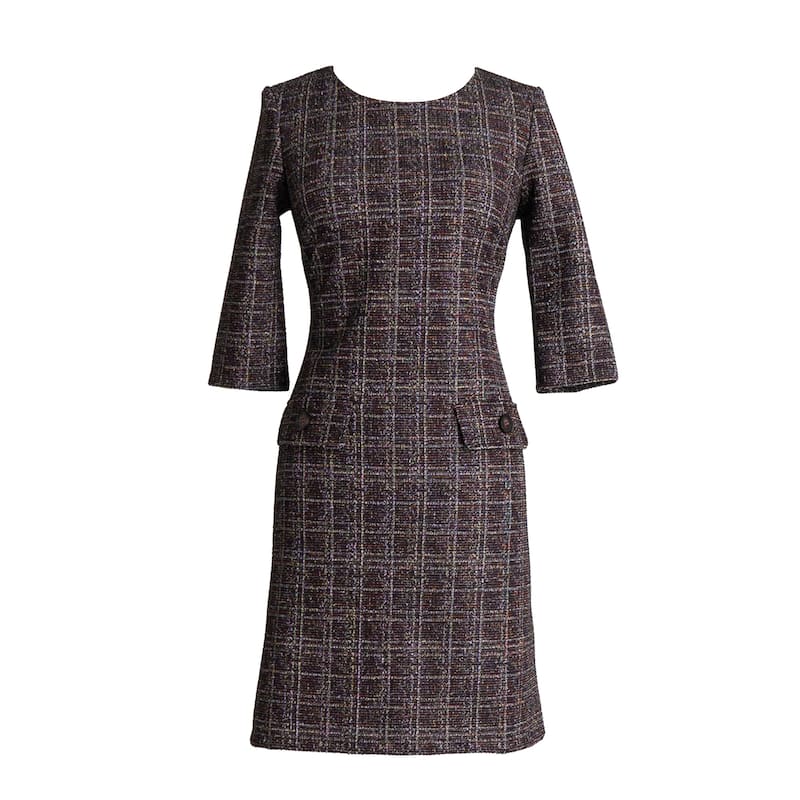 Connected Apparel Plaid Boucle Dress - Aubergine - 16
