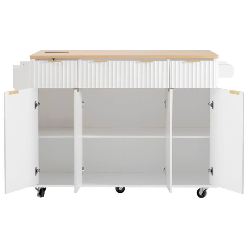 55.5"Fluted Kitchen Island with Storage,with Drop Leaf, Power Outlet, 4 Doors and 3 Drawers, Rolling Island with Wood-grain Top