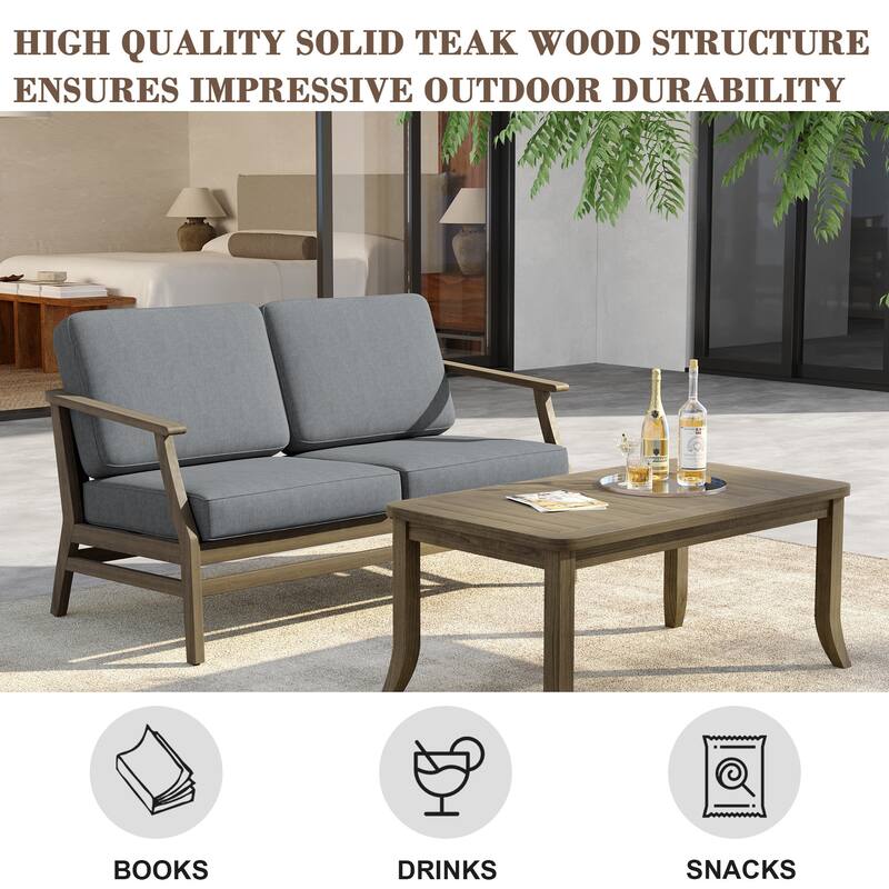 Outdoor Loveseat Sofa with Coffee Table Teak Wood Patio Furniture