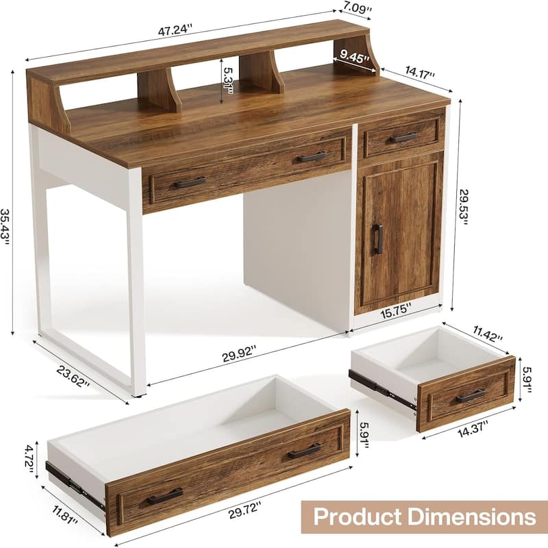 47 Inches Computer Desk with Drawers and Hutch, Executive Office Desk