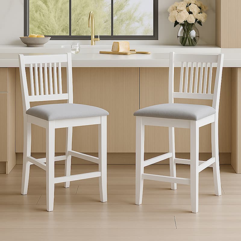 Farmhouse 24.8" Counter Height Chairs Slat Back Padded Wood Bar Stools - 21L×18W×35H - Set of 2 - White