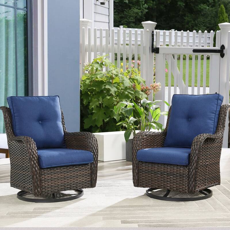 Gymojoy Wicker Swivel Glider Chair with Water-Resistant Olefin Cushions - 2-Piece - Brown Wicker / Blue Cusion