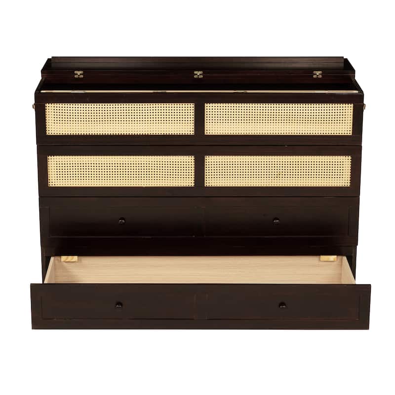 Queen Size Pine Wood Murphy Cabinet Bed with Rattan Decoration, Storage Drawer