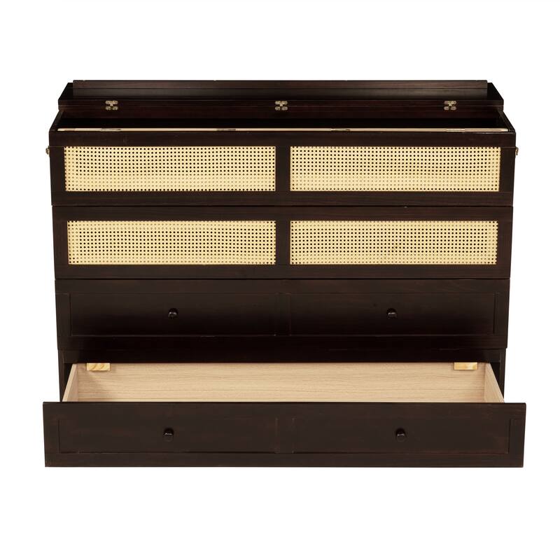 Queen Size Pine Wood Murphy Cabinet Bed with Rattan Decoration and Storage Drawer, Espresso