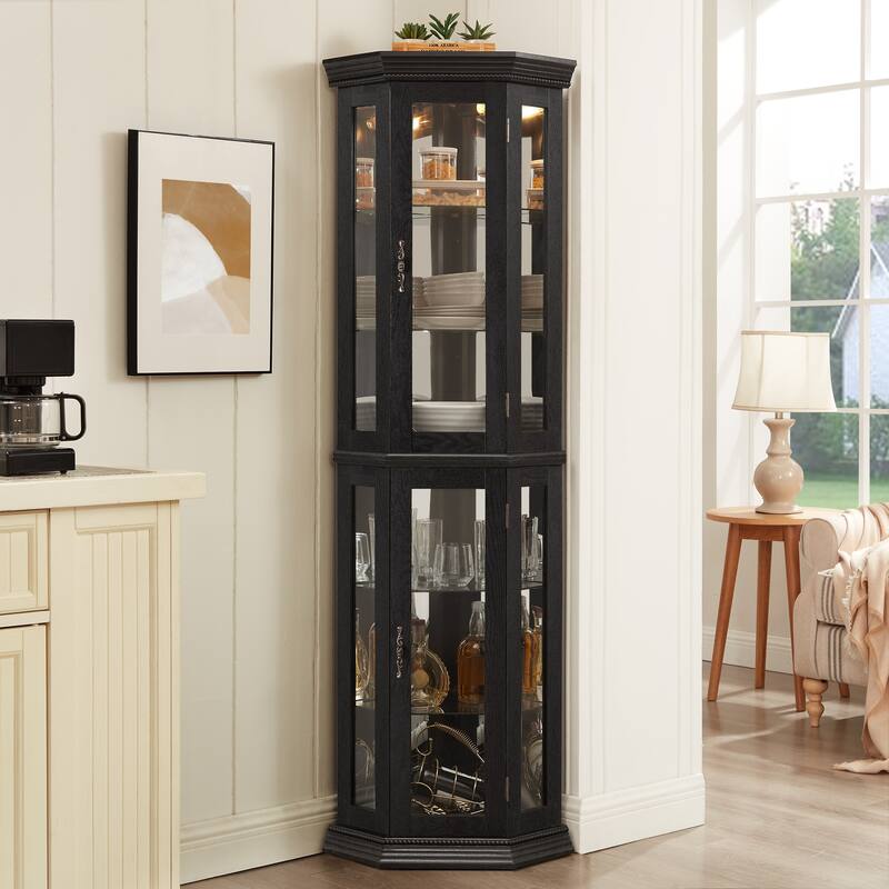 Lighted Corner Curio Cabinet - Glass Display Shelf with Tempered Glass Doors, Adjustable Shelving, and Included Bead Bulb - Black