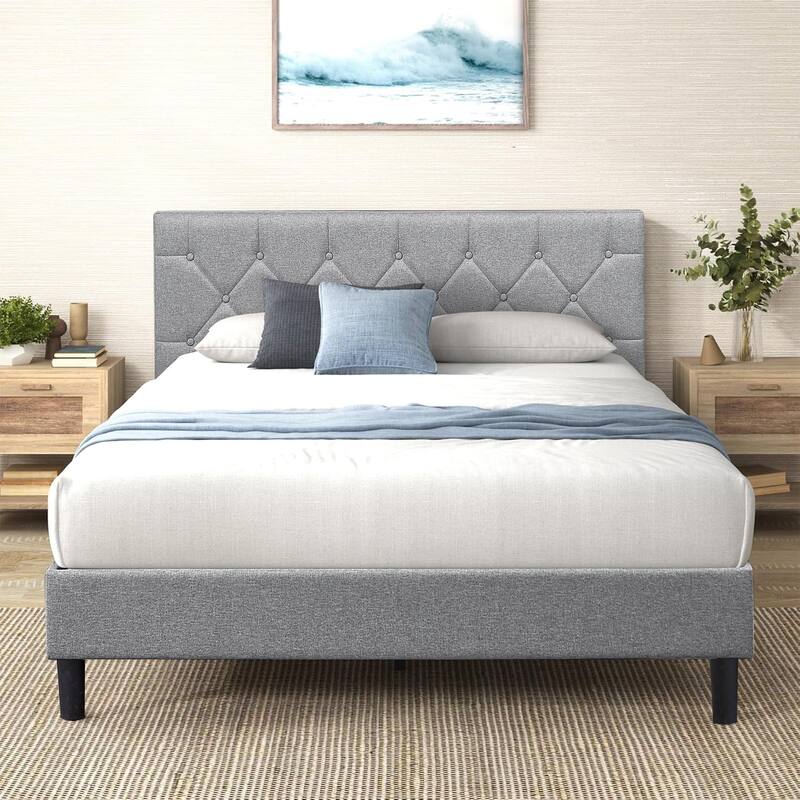 VECELO Upholstered Beds With Diamond Tufted Headboard, Platform Bed Frame, 7.9'' Under Bed Space - Grey - Queen