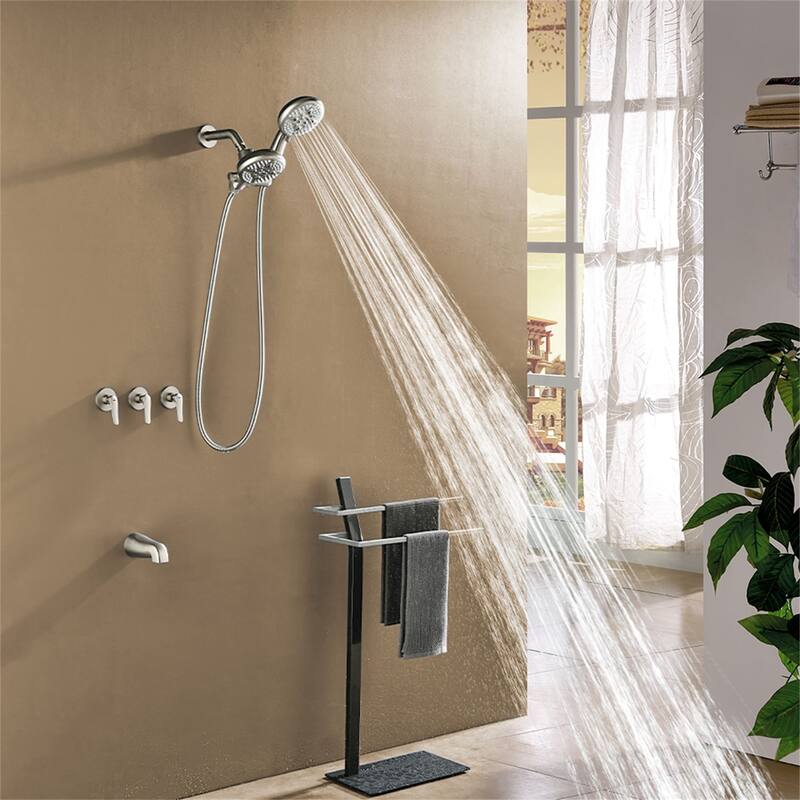 Wall Mount Dual Head Tub and Shower Faucet Brushed Nickel Complete Shower System Trim Kit Wth Rough-in Valve