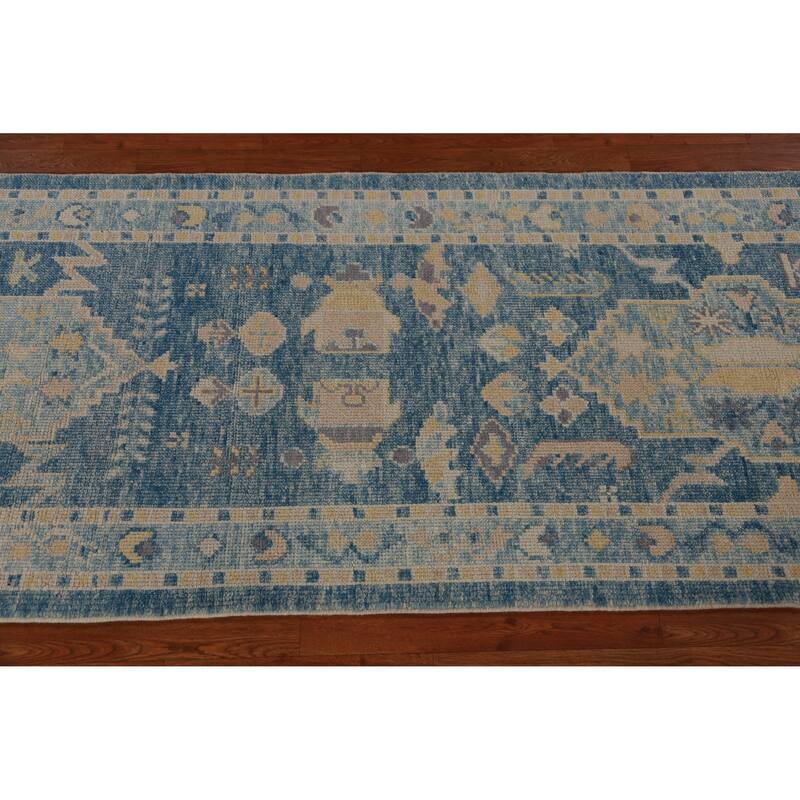 Hand Knotted Oriental 100% Wool Carpet Transitional Geometric Navy Blue & Blues Oushak Runner Rug - 14' 4'' X 2' 10''