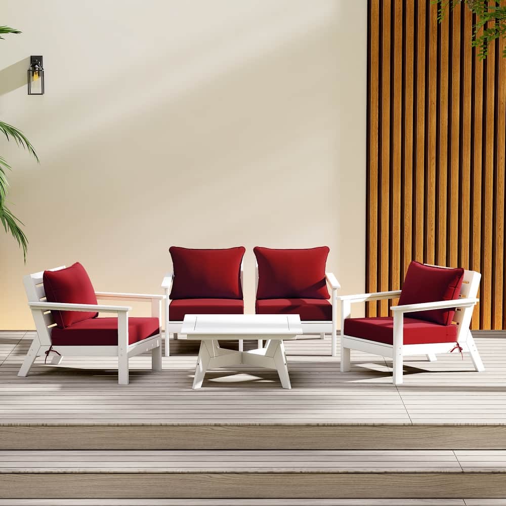 Birchwood All Weather HDPE Outdoor Patio White Deep Seating Conversation Set (5-Piece Set)