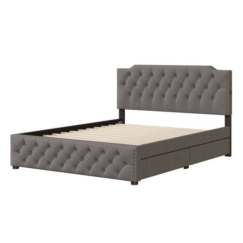 Queen Size Linen Fabric Upholstered Bed w/ 2 Drawers Storage Bed, 2 USB Ports on Platform Bed No Box Spring Needed Easy Assembly