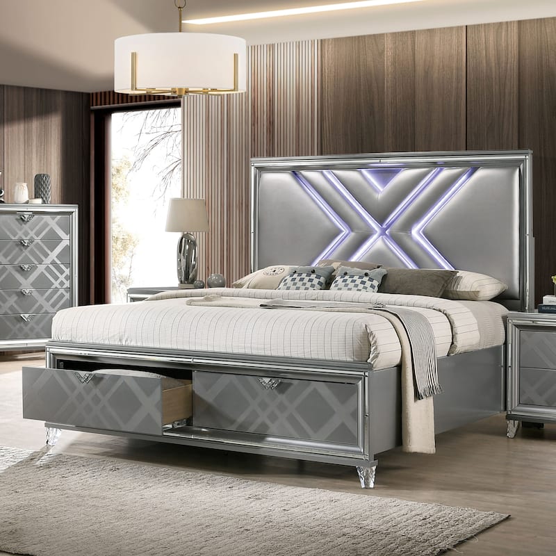 Furniture of America Bel Air Modern LED Headboard 2-Drawer Platform Bed with Storage - Silver - King