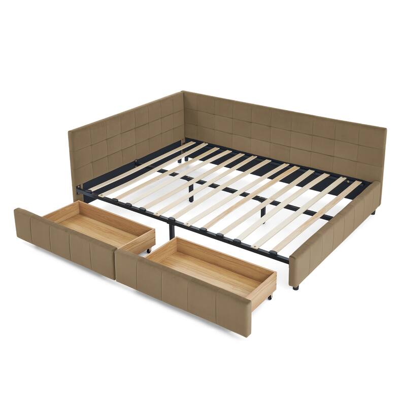 Queen Size Bed Upholstered Tufted Bed Frame Storage Sofa Bed Frame with L-shape Guardrail Velvet Platform Bed for Living Room