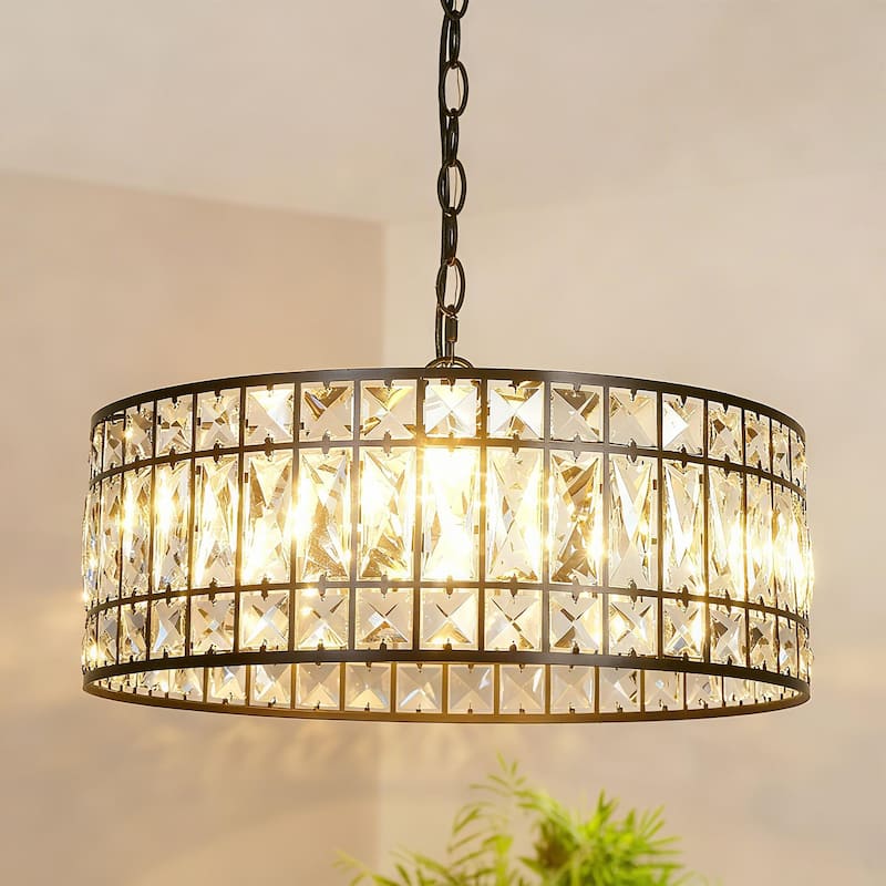 Aulia Modern 3-Light Black Crystal Drum Chandelier for Living Dining Room