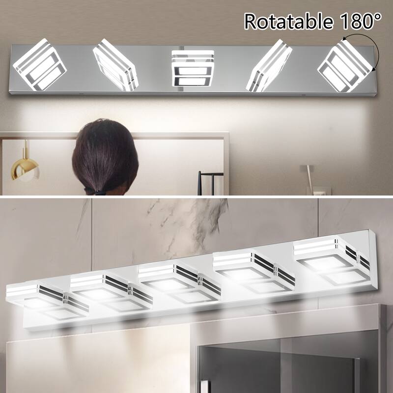 32" Modern 5-Light LED Vanity Light, Square Acrylic Lampshades Wall Mount Fixture for Bathroom, Mirror Lighting