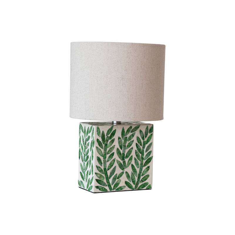 Reclaimed Wood and Shell Botanical Table Lamp with Linen Shade - 9.1"L x 9.1"W x 13.6"H