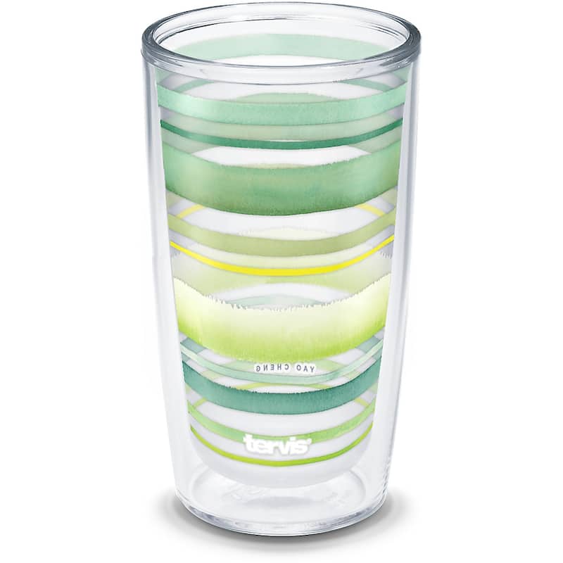 Tervis Yao Cheng Green Crystal Made in USA Double Walled Insulated Travel Tumbler, Green Blue Stripe - 16oz