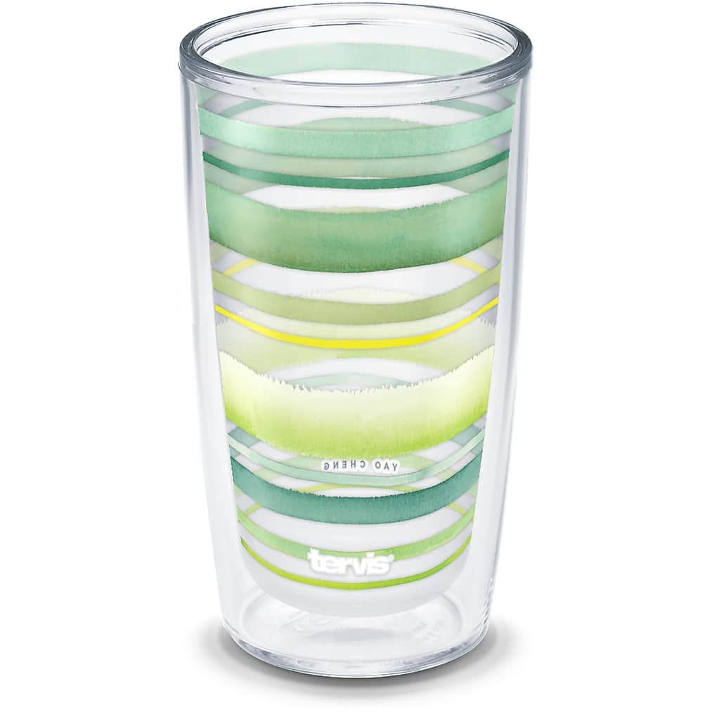 Tervis Yao Cheng Green Crystal Made in USA Double Walled Insulated Travel Tumbler, Green Blue Stripe