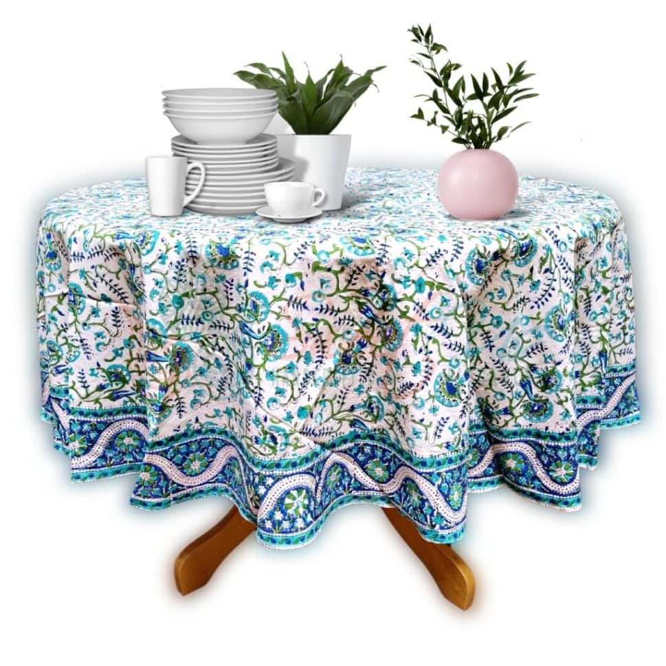 Block Print Tablecloth Round, Floral Vine, Turquoise - Paisley Elephant Blue Green Turquoise