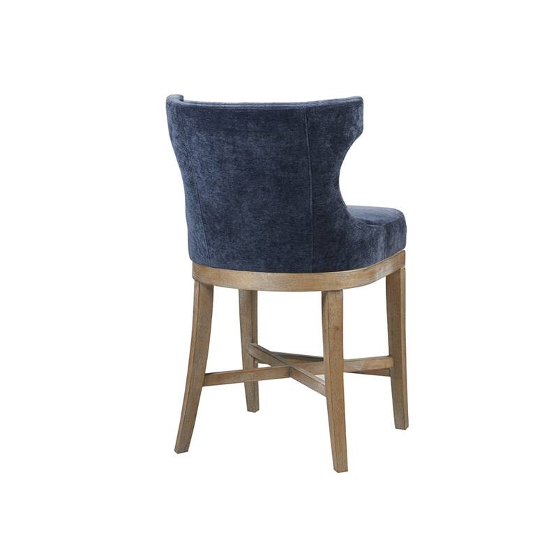 Roomfitters 360-Swivel Counter Stool, Upholstered Wingback Bar Chair with Piping and Bronze Kickplate, Navy Blue