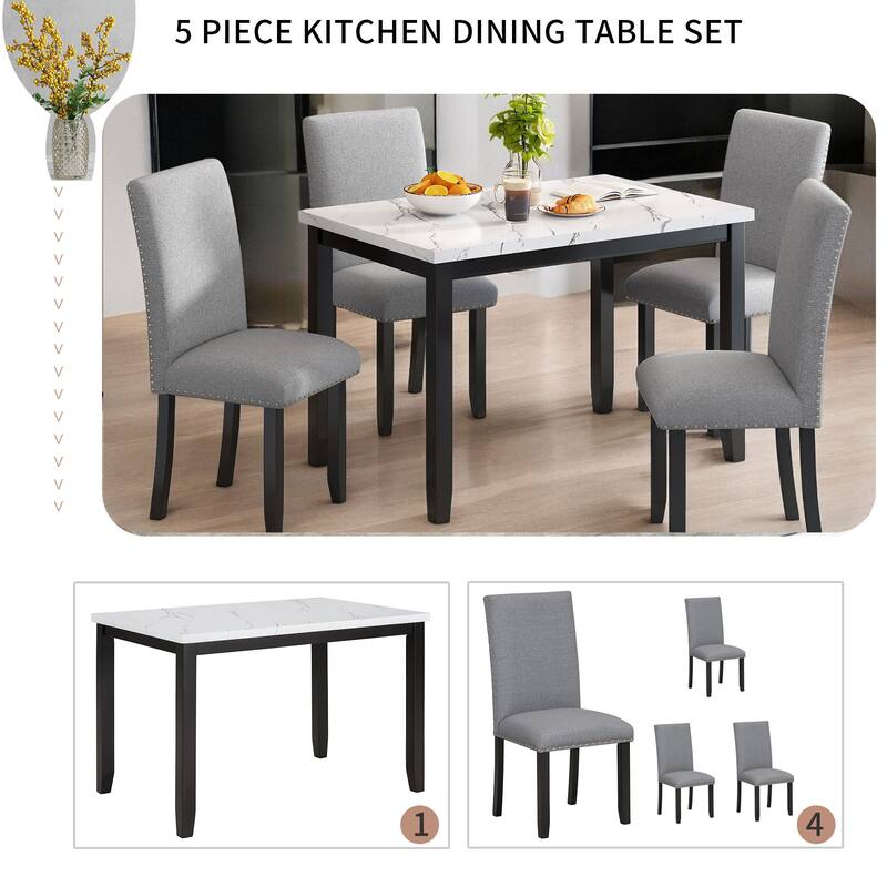 5-Piece Dining Set with Faux Marble Tabletop and 4 Upholstered Chairs, Solid Wood Frame Kitchen Table Set for Dining Room