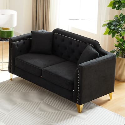Mid-century Chenille Pull Buckle Sofa, Buttons Tufted With Copper Nail and Metal Leg