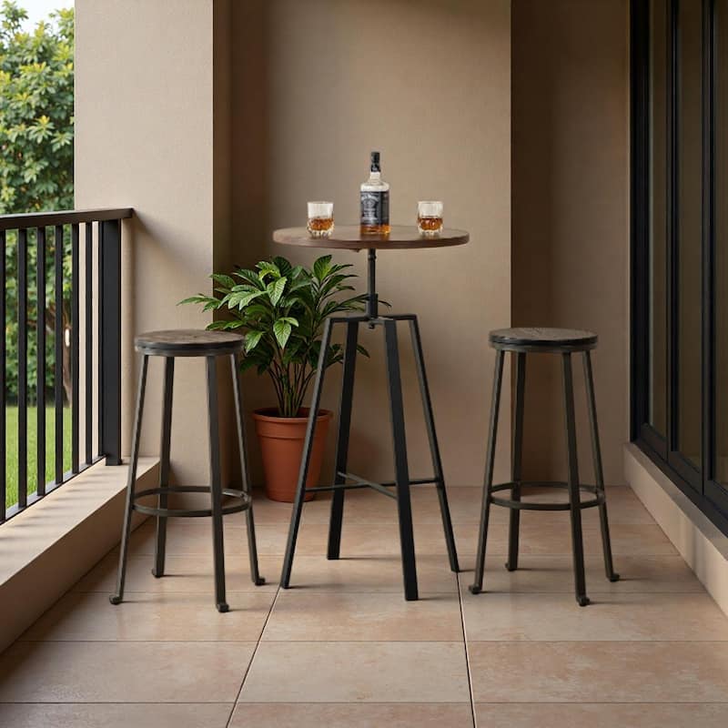 Glitzhome 3-piece Industrial Pub Set Height Adjustable Bar Table and Round Stools