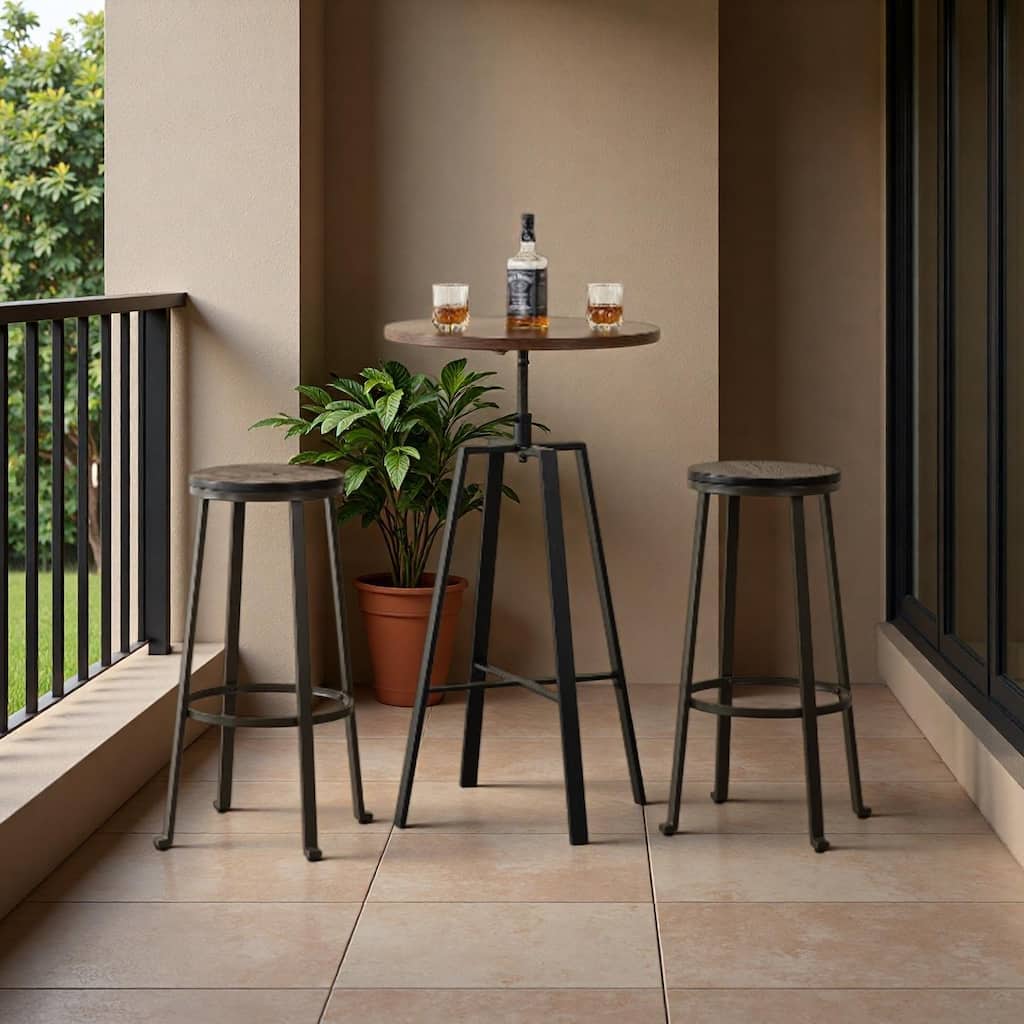 Glitzhome 3-piece Industrial Pub Set Height Adjustable Bar Table and Round Stools