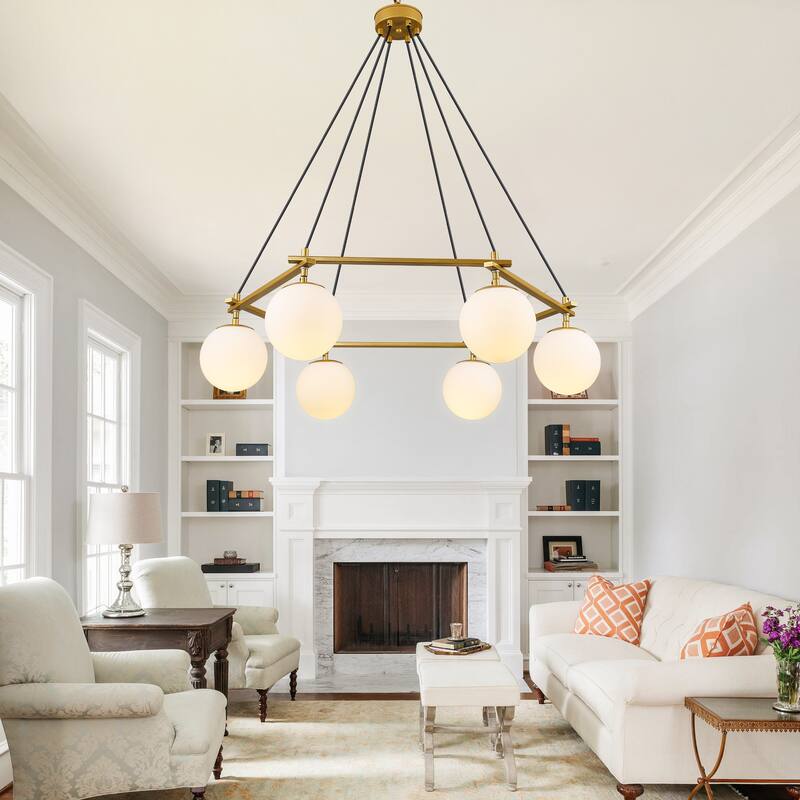 6-Light Black Wagon Wheel Chandelier, Hexagonal Dining Room Pendant Light with White Glass Shade