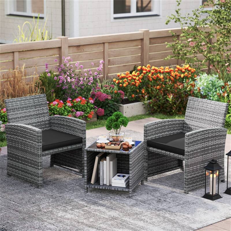 2-Piece Rattan Bistro Set with Comfortable Cushions and Tempered Glass Table Outdoor Patio - Table: 18" × 18" × 17"