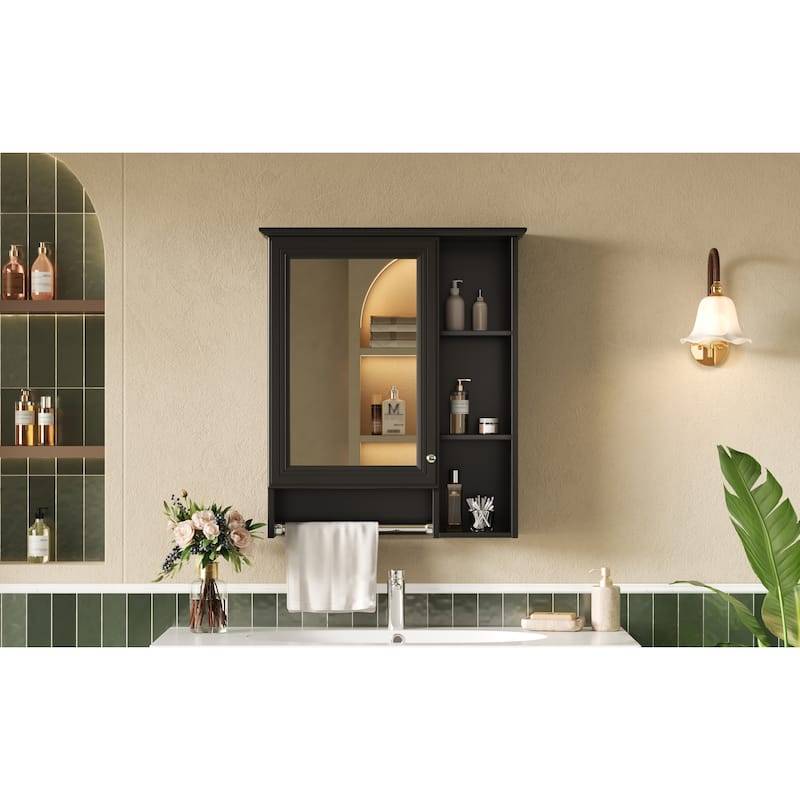 3-in-1 Bathroom Mirror Cabinet, 24-inch Wall Mounted Medicine Cabinet with Adjustable Shelf & Tower Bar