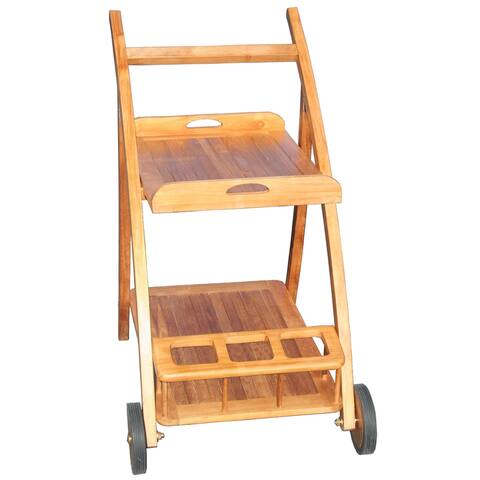 Teak Wood Serving Trolley with Serving Tray, Bottle Holders and Rubber Wheels