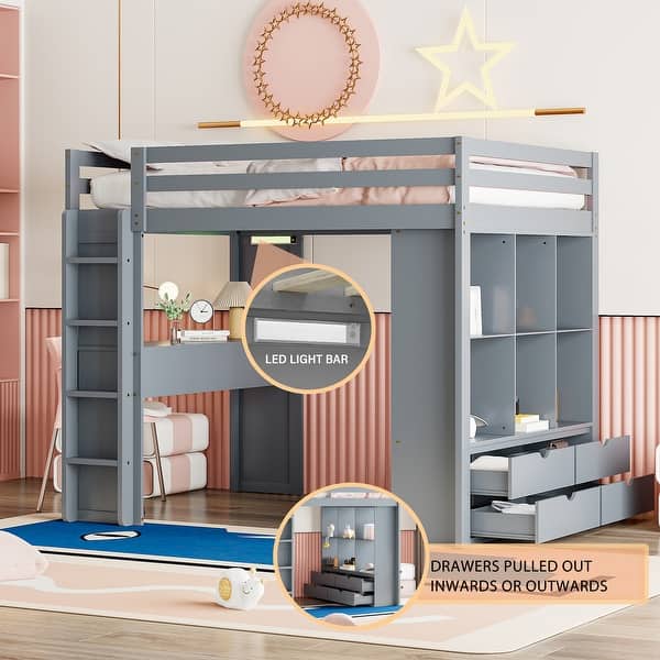 slide 2 of 20, Gray Full Size Solid Wood Loft Bed with large shelves, writing desk and LED Light for Bedroom Full - Gray