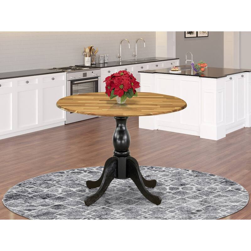 East West Furniture Dublin Kitchen Dining Table - a Round Wooden Table Top with Dropleaf & Pedestal Base, Natural & Black - DST-NBK-TP