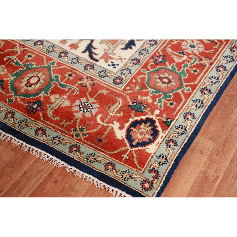 Hand Knotted Oriental 100% Wool Carpet Traditional Medallion Navy Blue & Blues Heriz (serapi) Area Rug - 11' 11'' X 9' 0''