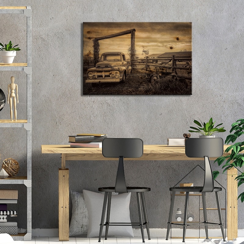 Old Ford At The Farm Print On Wood by Don Schwartz - Multi-Color