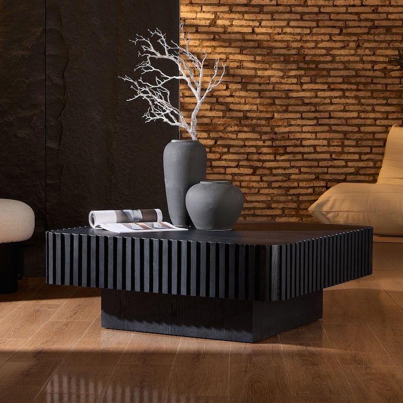 Small Accent Table Wooden Coffee Table Square Pedestal Base Center Table with Side Fluted Design and Wood Grain Veneer - Black