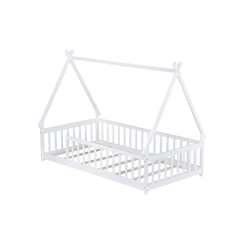 Twin Tent Shaped Floor Bed with Fence, Wooden Kids Teepee Bed Frame